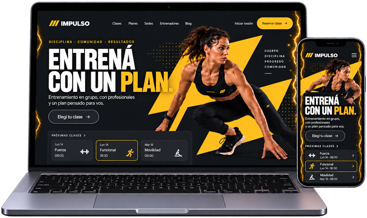 Concepto de sitio para Impulso, gimnasio, en una notebook y un celular: título «Entrená con un plan», botón para reservar clase y la lista de próximas clases con día y horario.